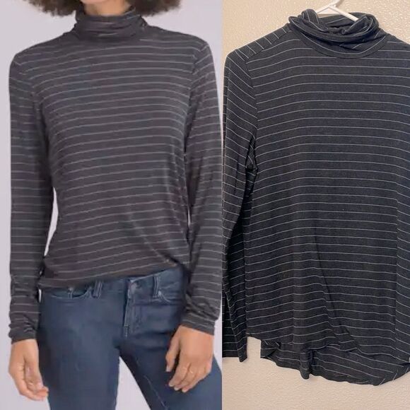 prAna Foundation Turtleneck Shirt Charcoal Heather Stripe modal tencel L - Picture 1 of 9